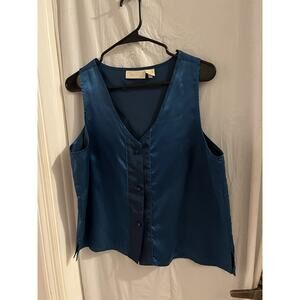 Victoria Secret Gold Label Vintage Teal Button Up Pajama Tank Top Sz L Satin